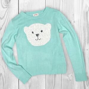Sequin Polar Bear Sweater Kids L 10-12 Teal Blue Knit Holiday Winter Y2K